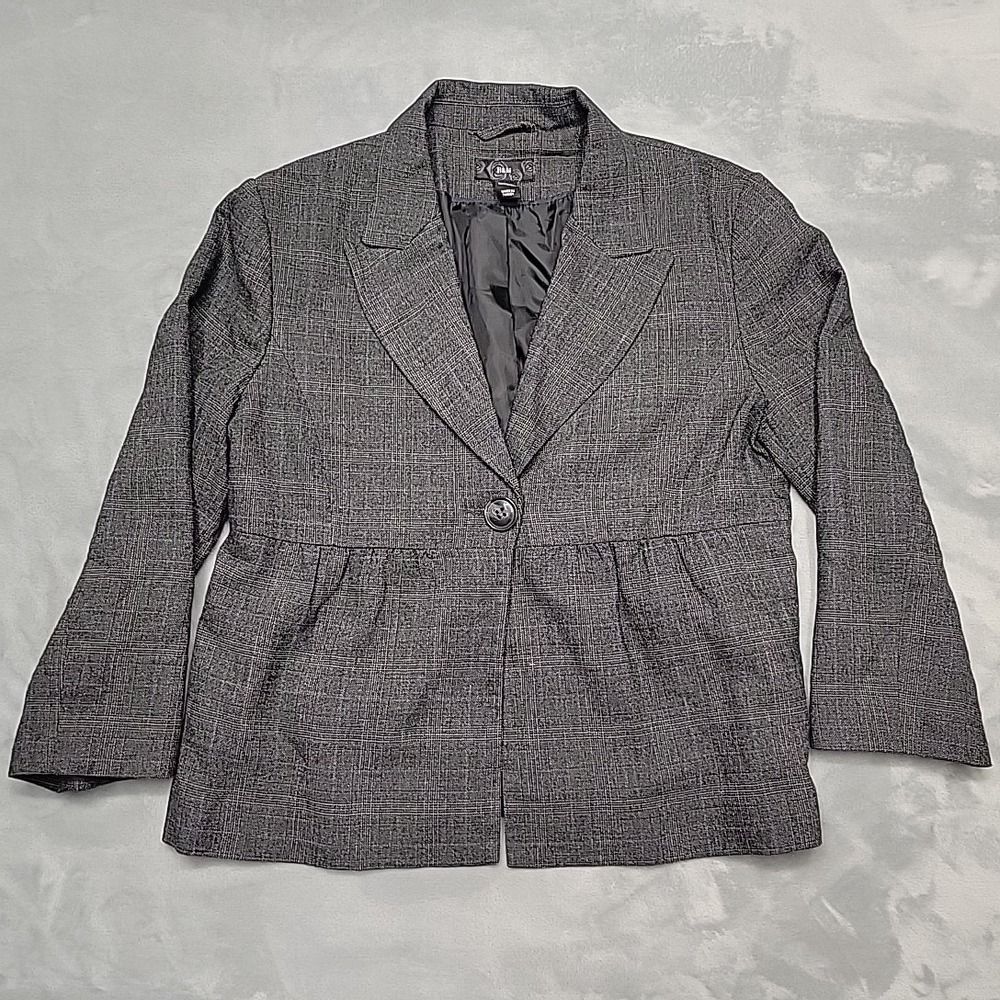 H&M Jacket Women 12 Gray wool Blend Plaid Peplum One Button Career Office Blazer